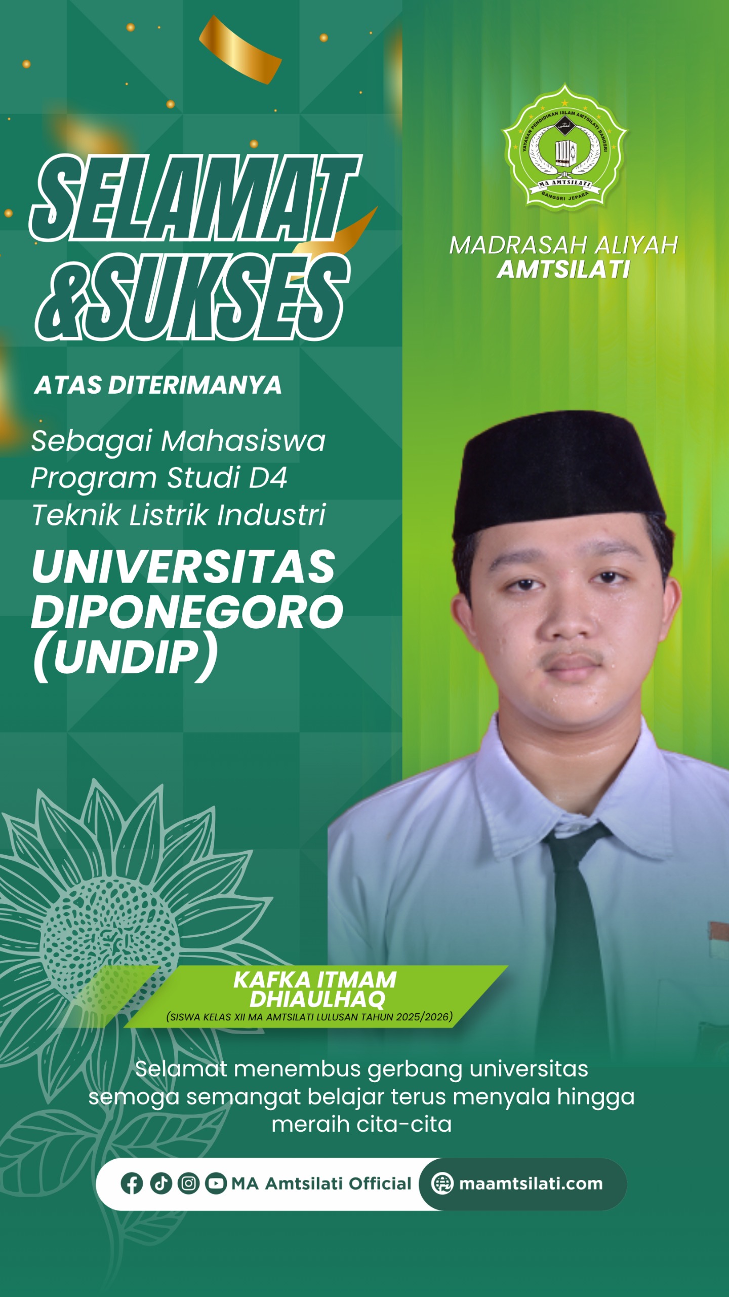 Kafka Itmam Dhiaulhaq, mahasiswa Program Studi D4 Teknik Listrik Industri, Universitas Diponegoro (UNDIP).