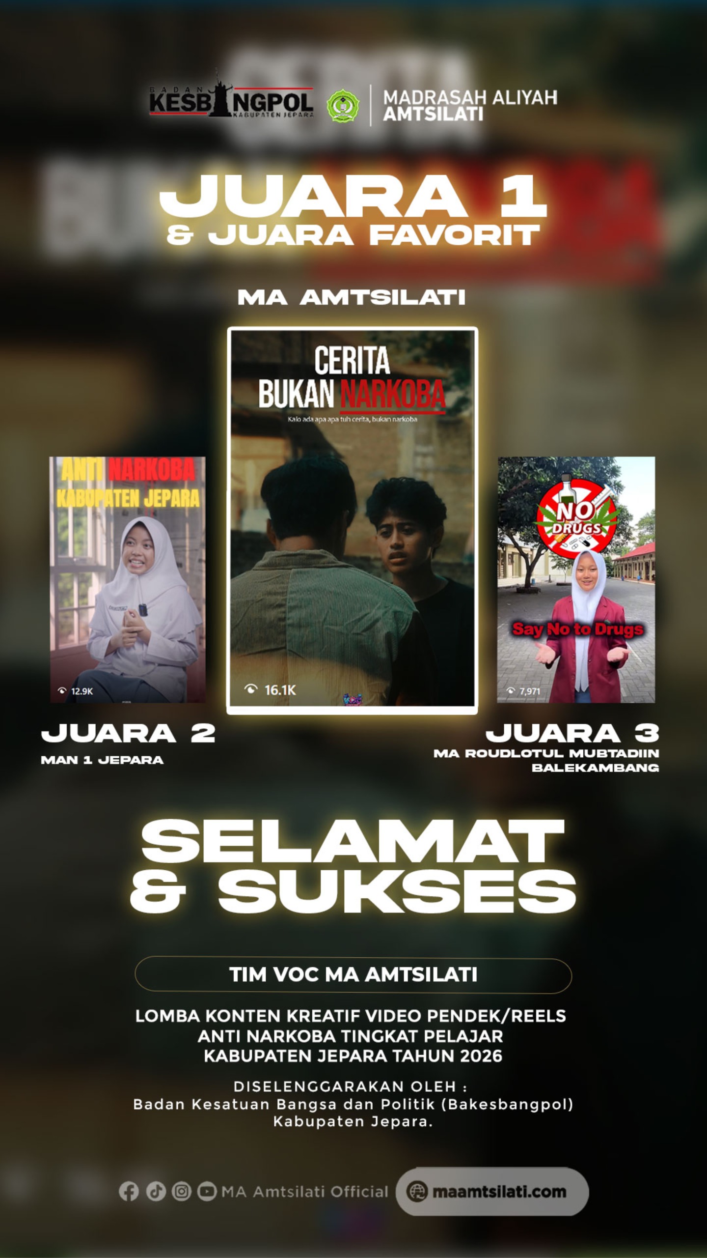 Juara 1 dan Juara Favorit Lomba Konten Kreatif Video Pendek/ Reels Anti Narkoba Tingkat Pelajar Kabupaten Jepara Tahun 2026
