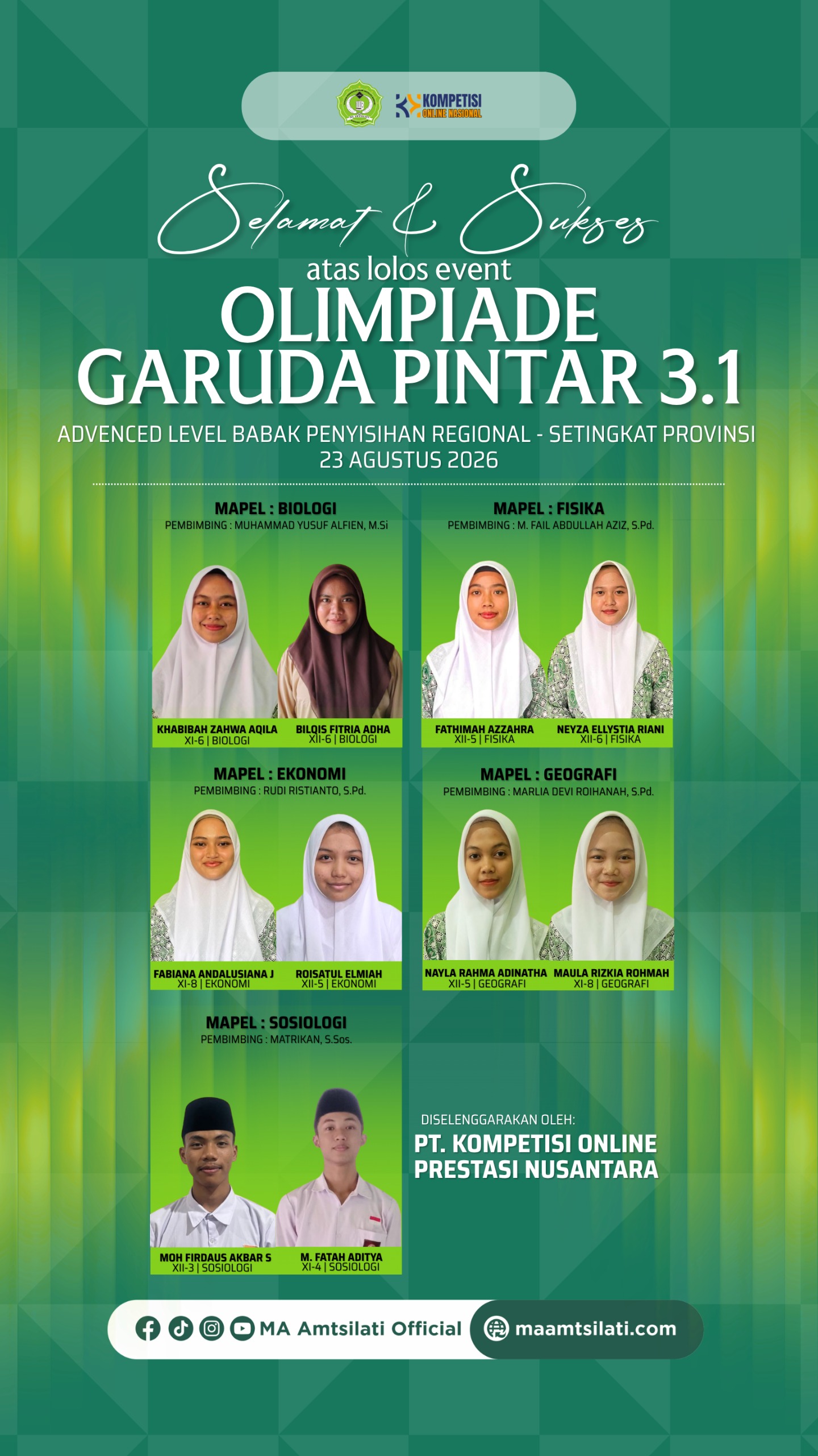 siswa-siswi MA Amtsilati yang berhasil lolos Olimpiade Garuda Pintar 3.1 pada Advanced Level Babak Penyisihan Regional – Tingkat Provinsi dalam bidang Biologi, Fisika, Ekonomi, Geografi, dan Sosiologi