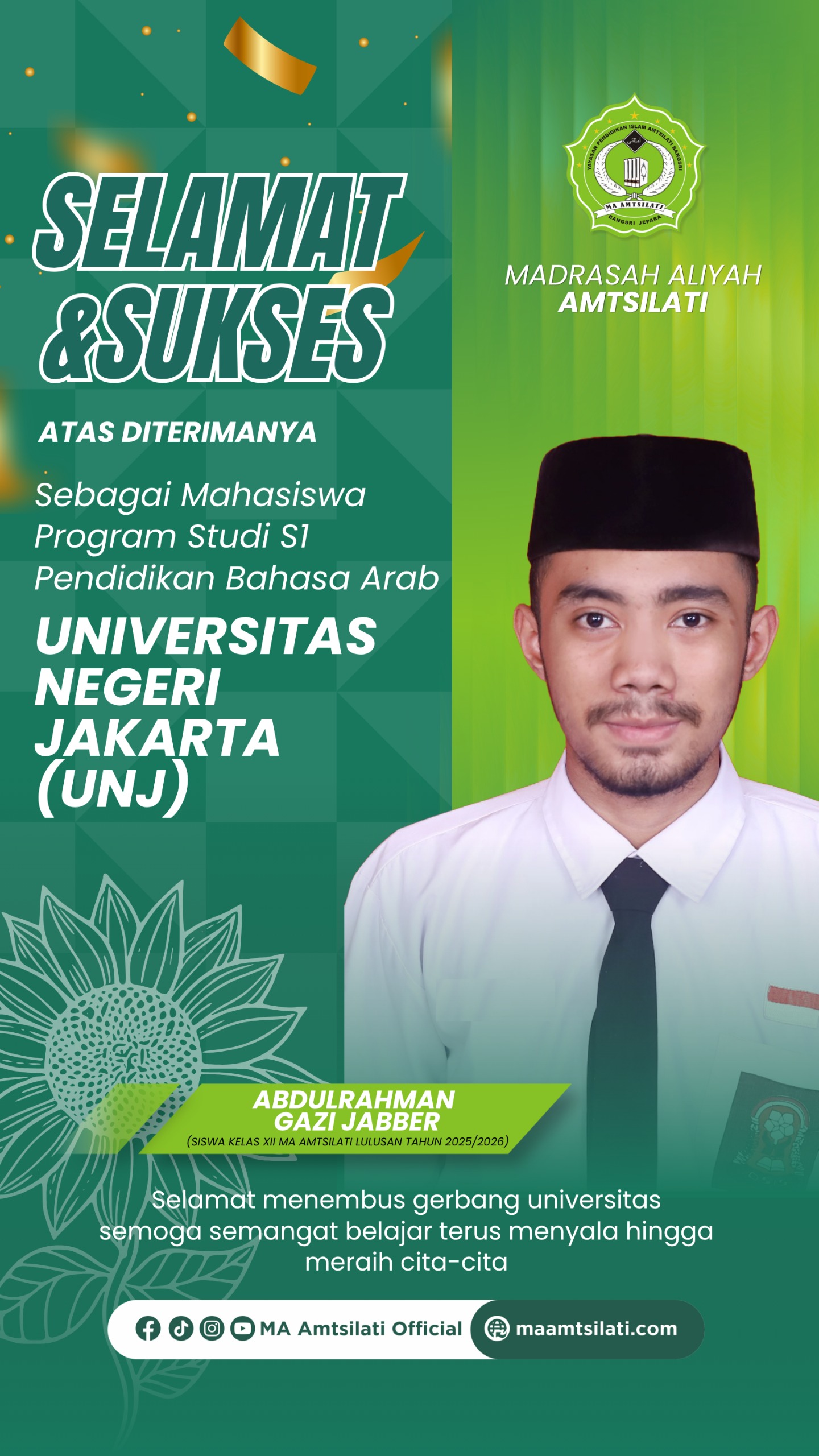 Abdulrahman Gazi Jabber, mahasiswa Program Studi S1 Pendidikan Bahasa Arab, Universitas Negeri Jakarta (UNJ) .