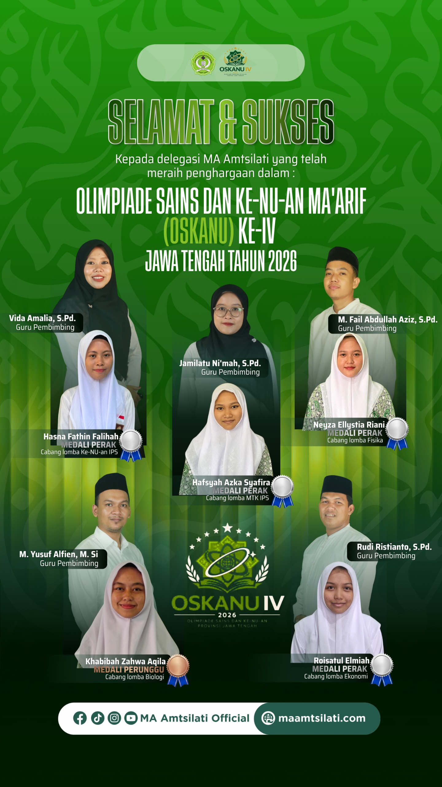 MA Amtsilati atas prestasi yang diraih dalam Olimpiade Sains dan Ke-NU-an Ma’arif (OSKANU) ke-IV Jawa Tengah Tahun 2026.